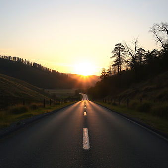 Ground level shot with the camera facing down a long winding country road with hills and t