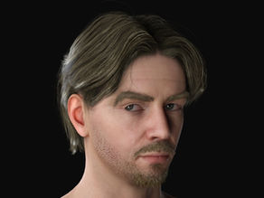 3D-rendered image of a man with parted, medium-length brown hair, a short beard and mustache, and light skin, giving a skeptical sideways glance against a black background.