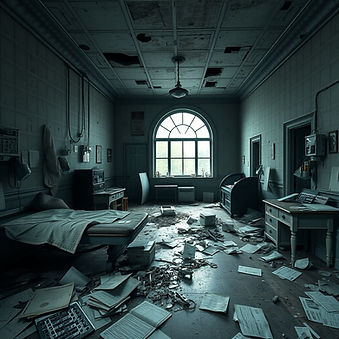 Tight shot of an abandoned mental hospital from the 1840's in decay and disrepair with med