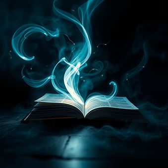 An atmospheric shot of a book with swirling lights coming out of it. Dark and atmospheric