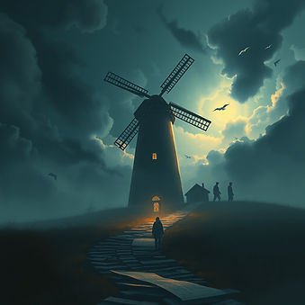 Include elements like a lone figure walking toward a stylized windmill under a dramatic sk