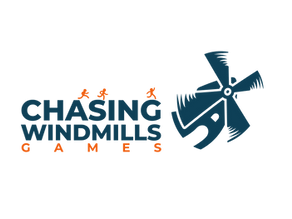 Logo for Chasing Windmills Games on black. White text with orange runners above. Stylized white windmill graphic to the right.