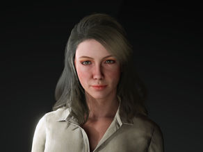 3D-rendered image of Cassandra Tremaine from I of the Storm. She stands confidently against a black gradient background, her head slightly tilted and a knowing expression in her green eyes. Her ash-brown hair is worn long and loosely styled, cascading over the shoulders of her light beige collared blouse. The lighting subtly highlights the left side of her face, hinting at a composed yet calculating demeanor.