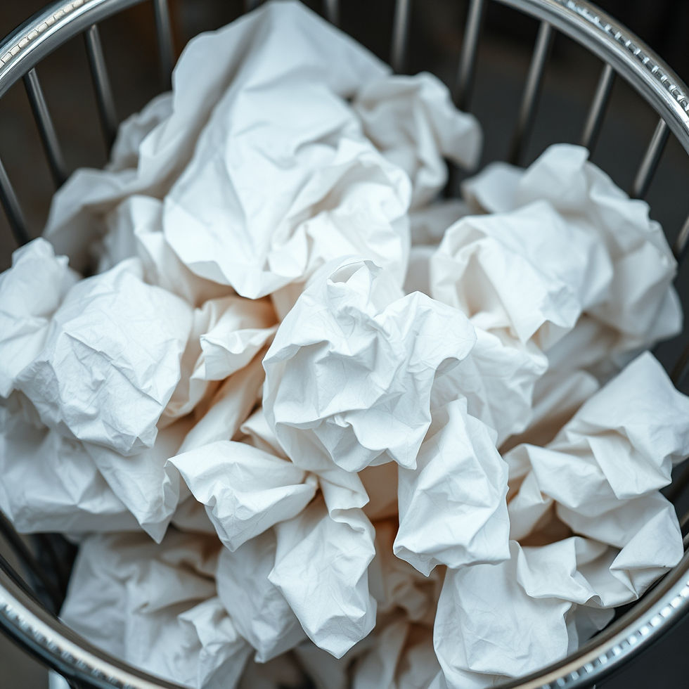 A close-up image of a wastebasket full of crumpled paper