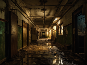 A decaying, dimly lit hallway inside an abandoned building, with peeling paint, exposed pipes, and broken floor tiles reflecting light from a distant doorway. The walls are grimy with faded green paint, and debris is scattered across the wet floor, creating a haunting and atmospheric scene.