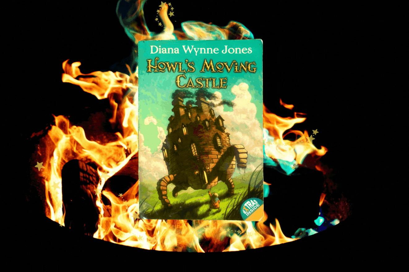 Cover of Howl's Moving Castle by Diana Wynne Jones in front of a fire with moving sparkles around it