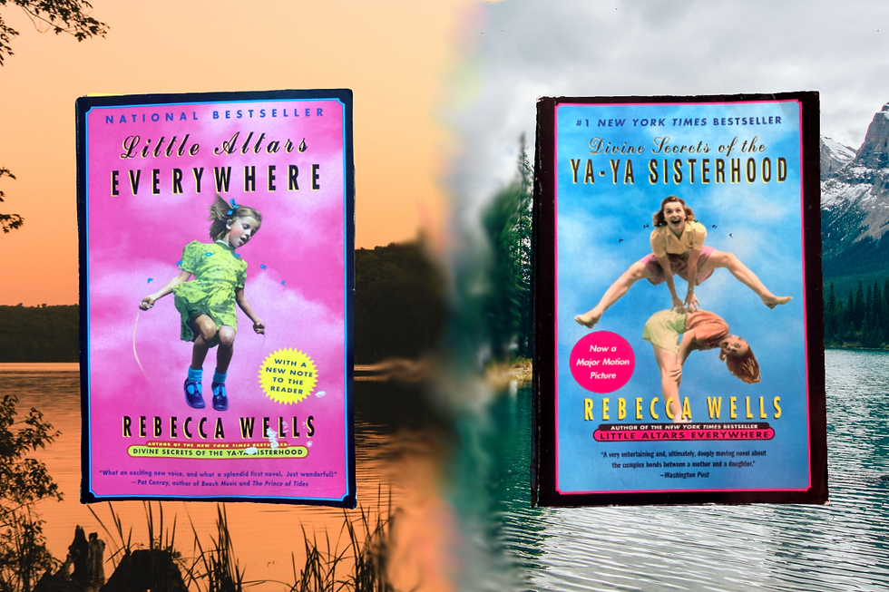 little altars everywhere and the divine secrets of the ya ya sisterhood. both covers are next to eachother. Little altars in over a lake at sunset, everythign is orange. Divine secrets is over a northwest lake during the day, pines and a mountain in the background