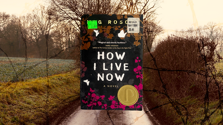 the cover of how i live now by meg rosoff in front of a path in the English counrtyside wirth barbed wire over it