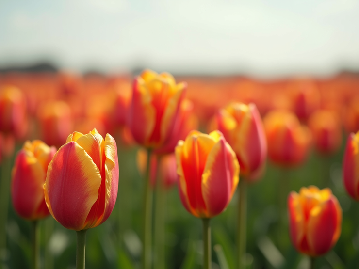 A breathtaking field of vibrant tulips under a clear blue Michigan sky.