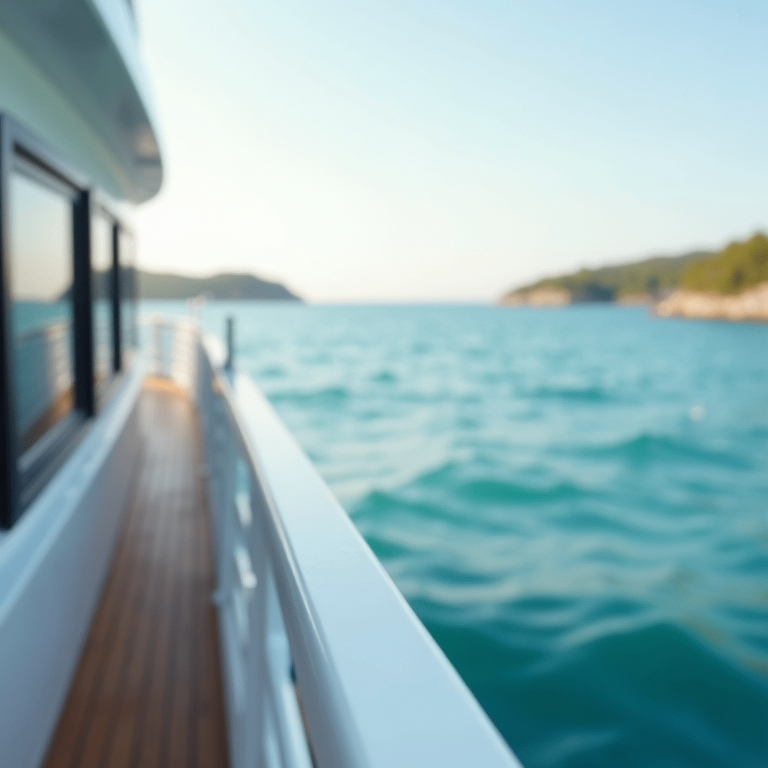 A perspective shot of a gleaming white ship deck looking out over calm blue waves.