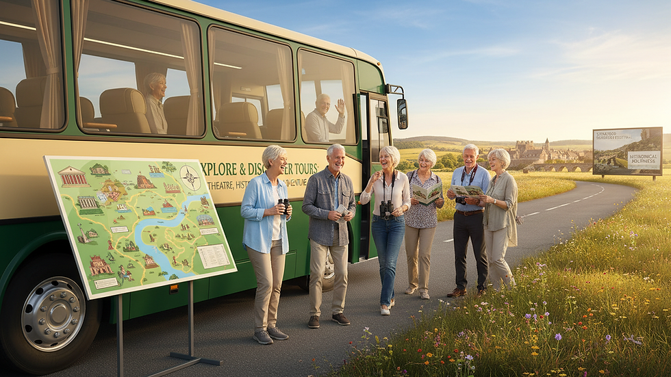 Eye-level view of a cozy group tour bus parked in a scenic countryside