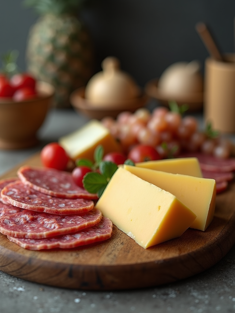 A beautifully arranged gourmet cheese and charcuterie board for a social gathering.