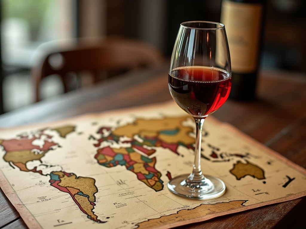 An elegant wine glass resting on an antique world map in warm lighting.
