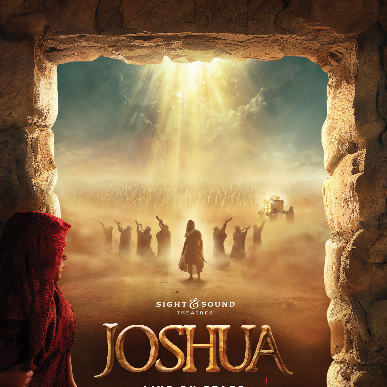 A grand theater stage with crimson velvet curtains illuminated by soft golden spotlights.