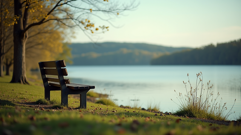 Close-up view of a scenic lake with a bench nearby for resting