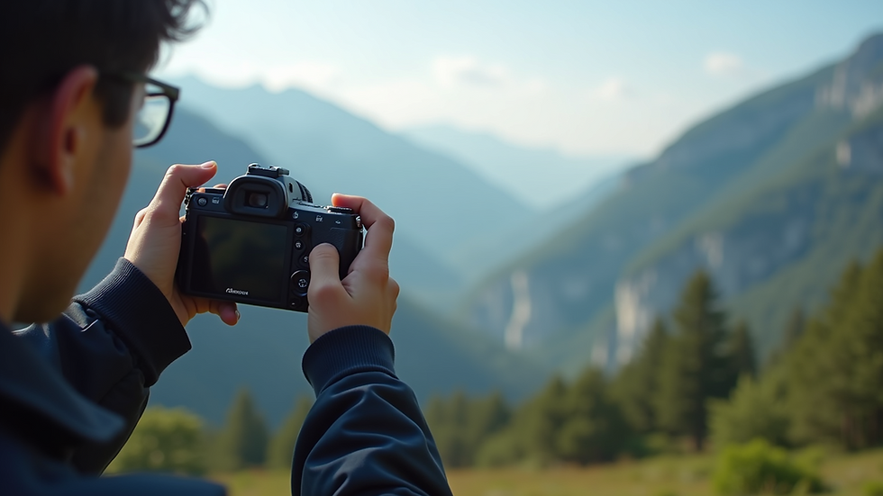 Eye-level view of a person holding a camera taking a photo of a scenic mountain view