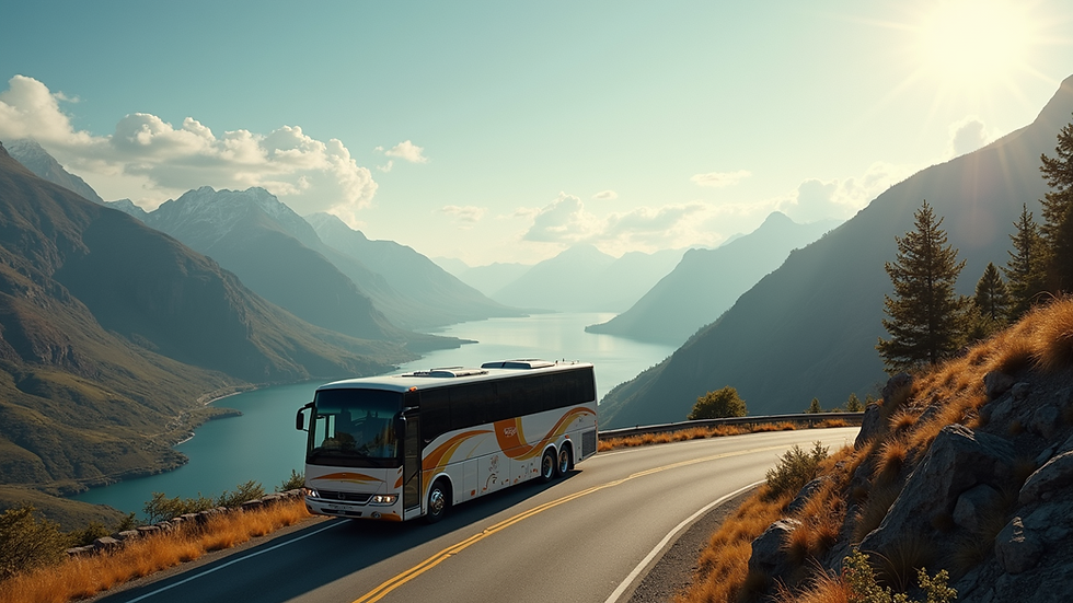 High angle view of a tour bus parked near a scenic viewpoint