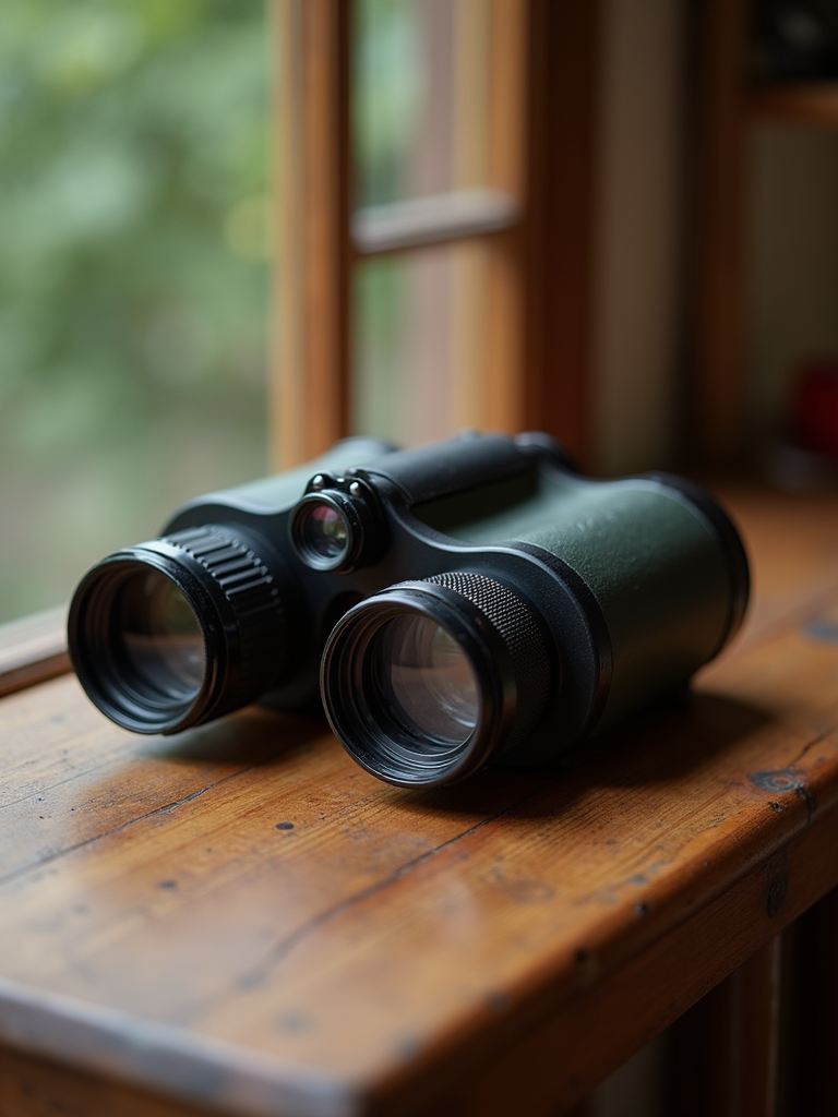 A vintage pair of safari binoculars resting on an aged wooden surface.