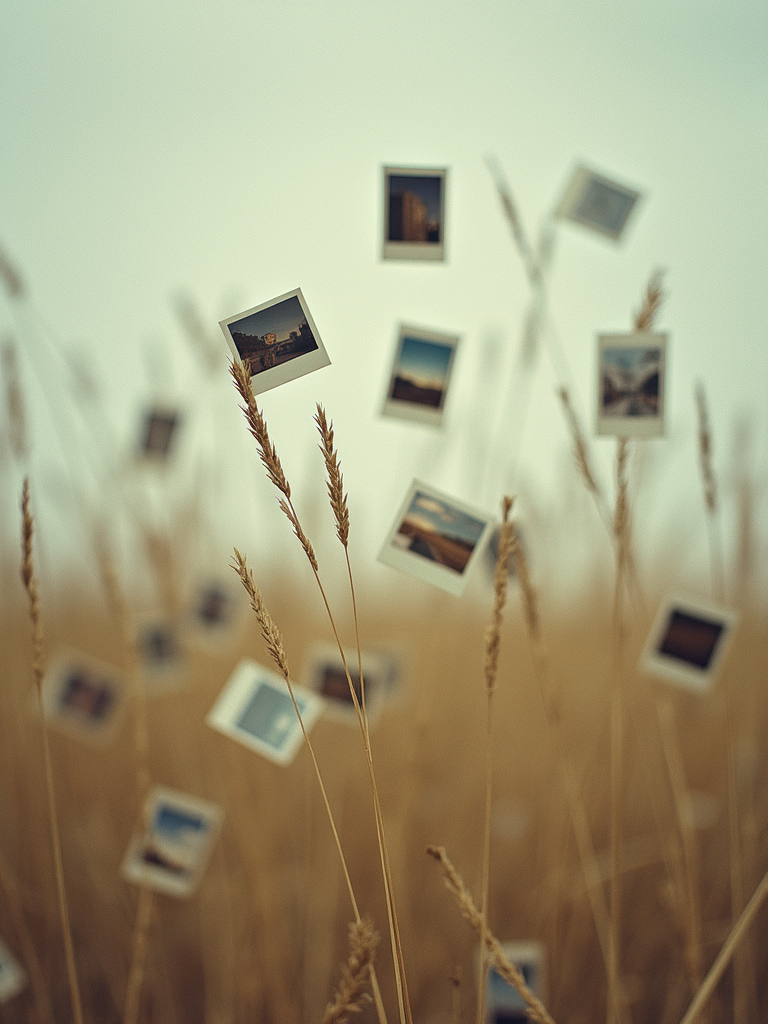 Scattered vintage polaroid photos showing majestic landscapes and travel memories.
