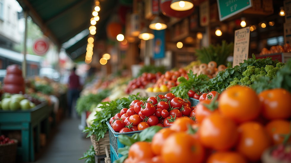 Eye-level view of a local market filled with fresh ingredients
