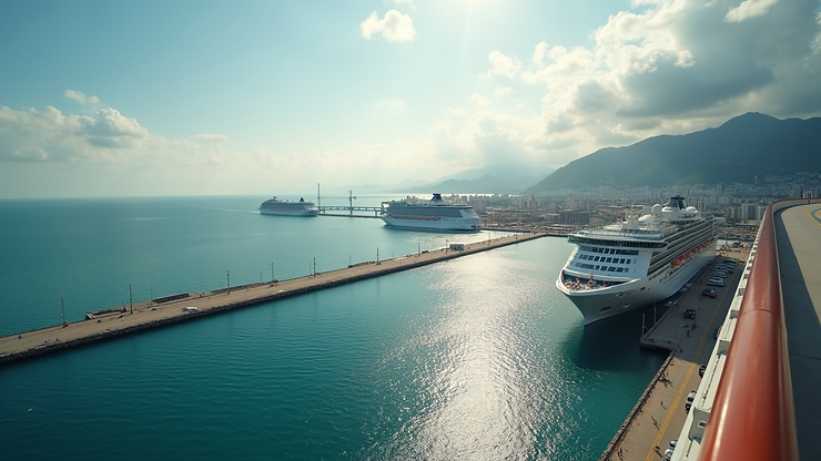 Wide angle view of a busy cruise port