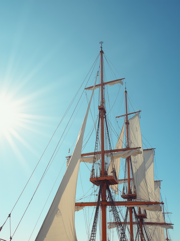 White sails of a majestic tall ship catching the wind against a clear blue sky