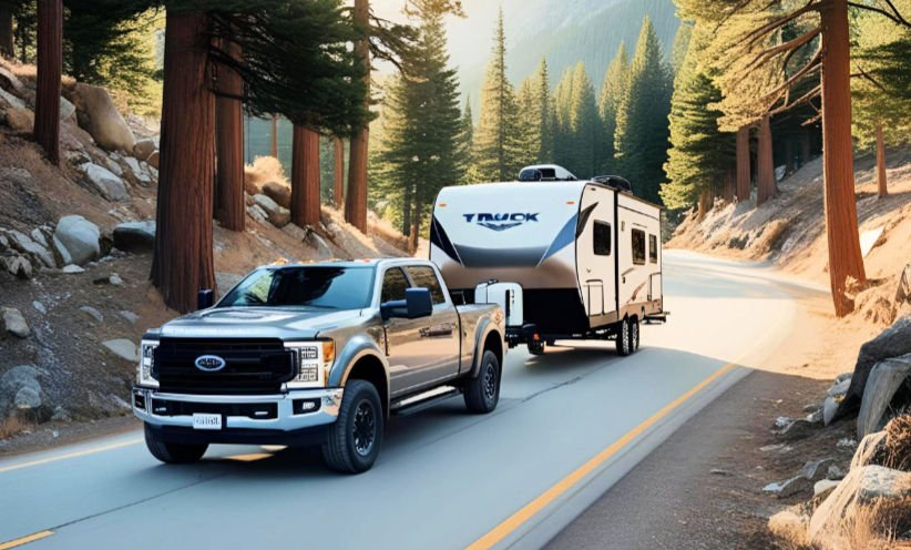 Truck towing a camper or RV