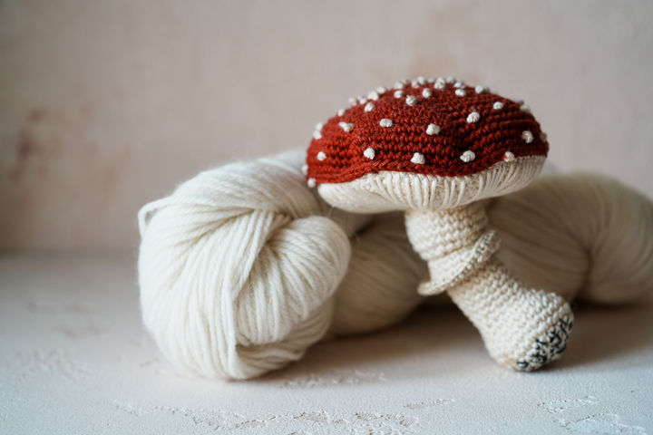 Crocheted flyagaric mushroom, stuffed toy
