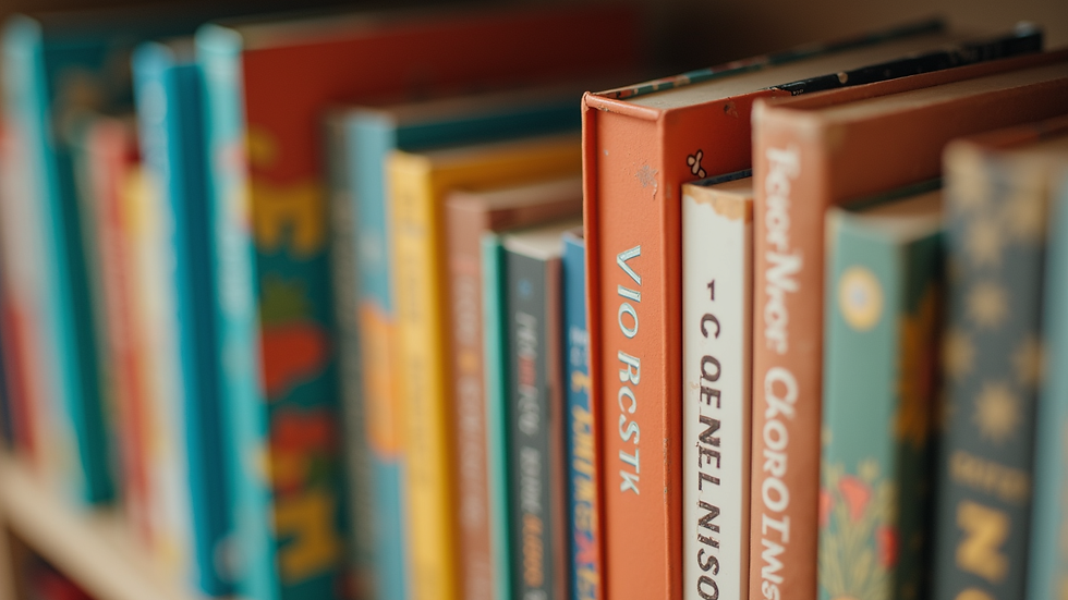 Close-up view of colorful children's books on a shelf