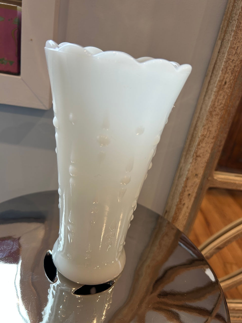 Thumbnail: Vintage Anchor Hocking Milk Glass Vase Teardrop and Pearl Pattern Scalloped Rim