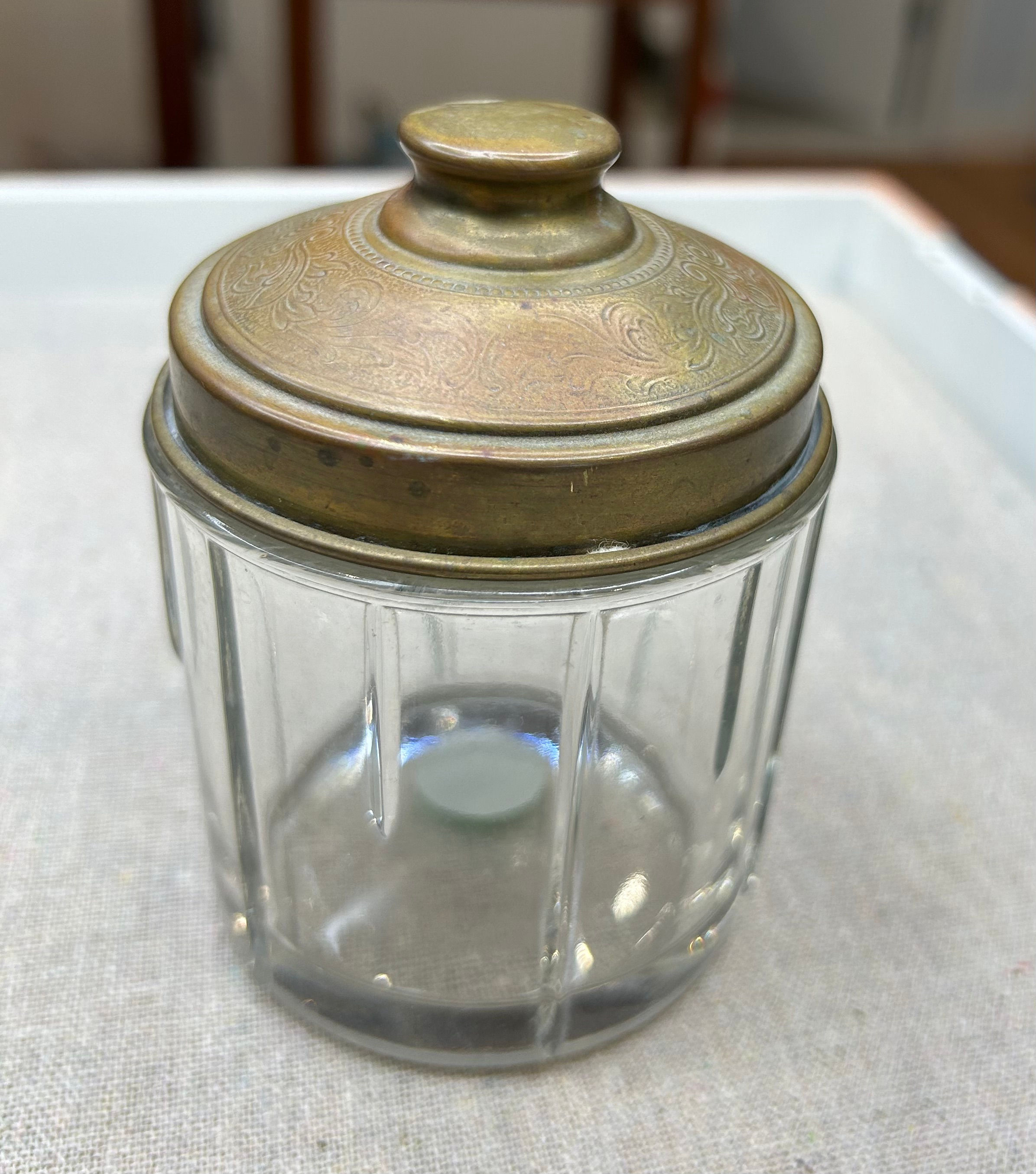 Antique Glass Tobacco Jar with Brass Etched Lid