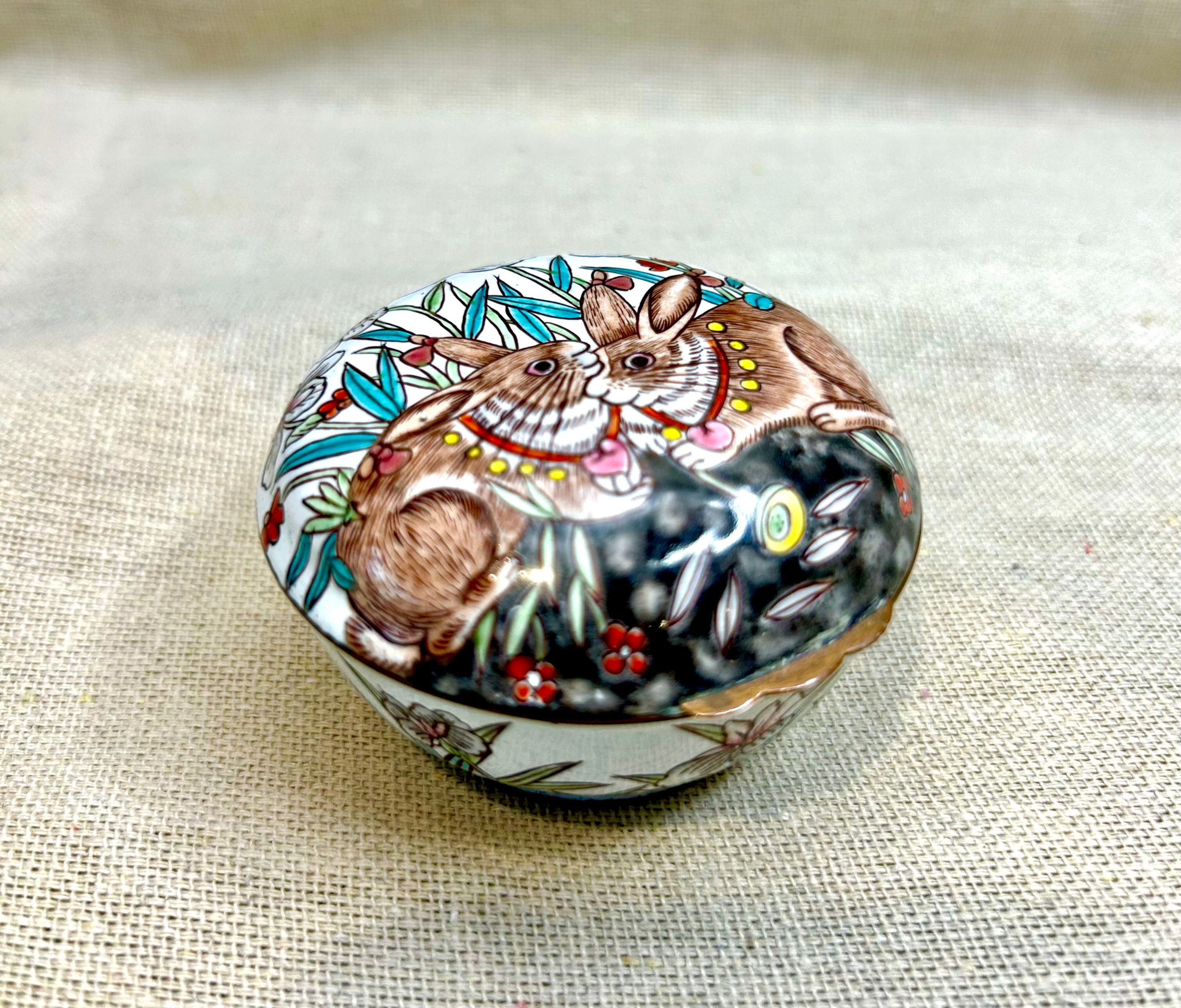 Vintage Hand Painted Enamel Trinket Box With Rabbits