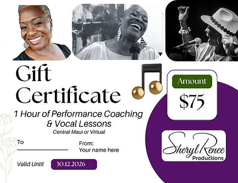 A gift certificate for a 1 hour coaching Performance and vocal lesson