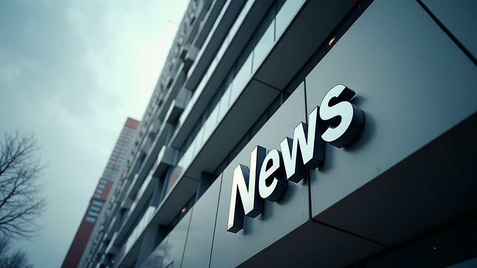 High angle view of a large news building with a prominent news logo