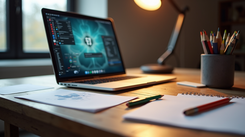 Eye-level view of a designer's workspace with a laptop and creative materials