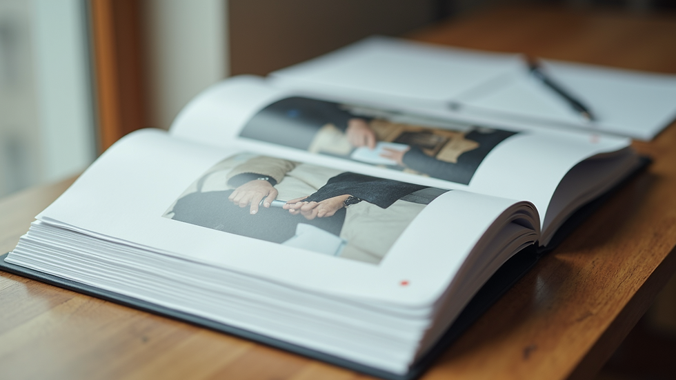 Close-up view of a well-organized portfolio showcasing creative projects