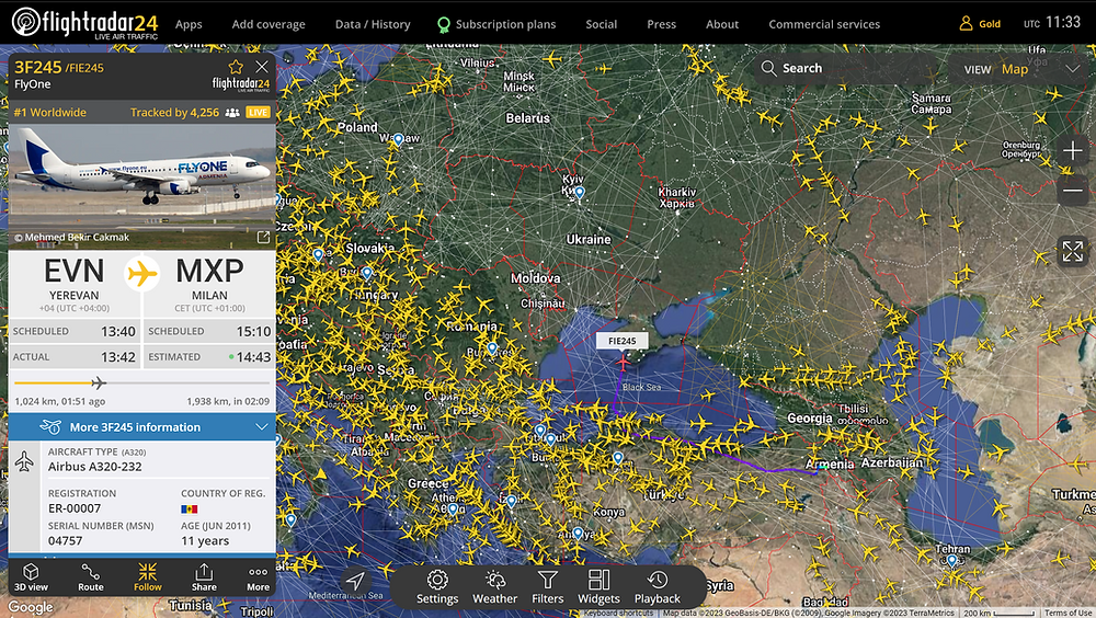 FlyOne A320 unexpectedly fly's over closed Ukrainian Airspace