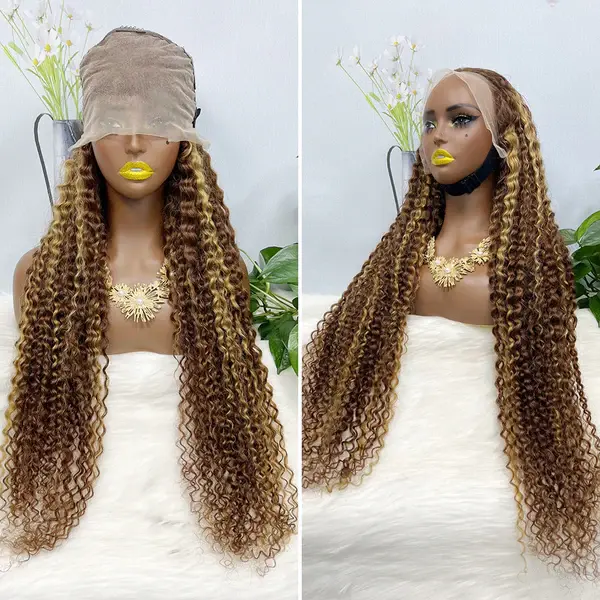 Thumbnail: 36" 13x4 Lace Wig Water Wave Curly Human Hair Wigs Piano Color P4/27 500% Densit