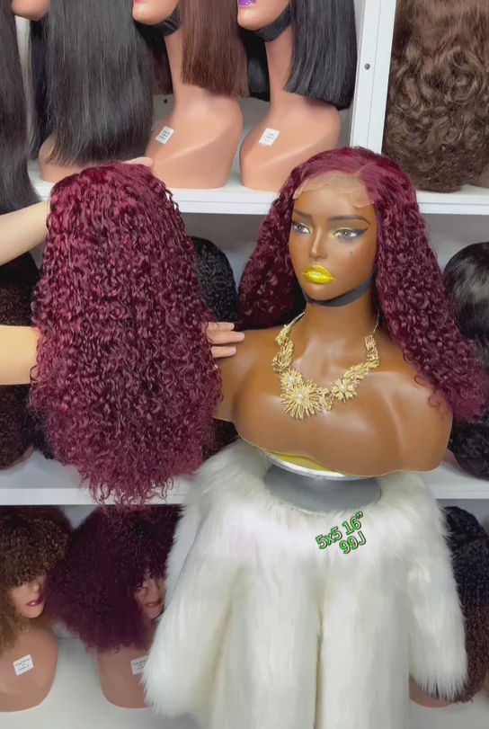 Thumbnail: 16" Double Drawn 5x5 Glueless Wig Pixie Curl Natural Human Hair Lace Wigs Ombre 