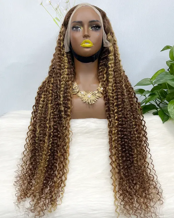Thumbnail: 36" 13x4 Lace Wig Water Wave Curly Human Hair Wigs Piano Color P4/27 500% Densit