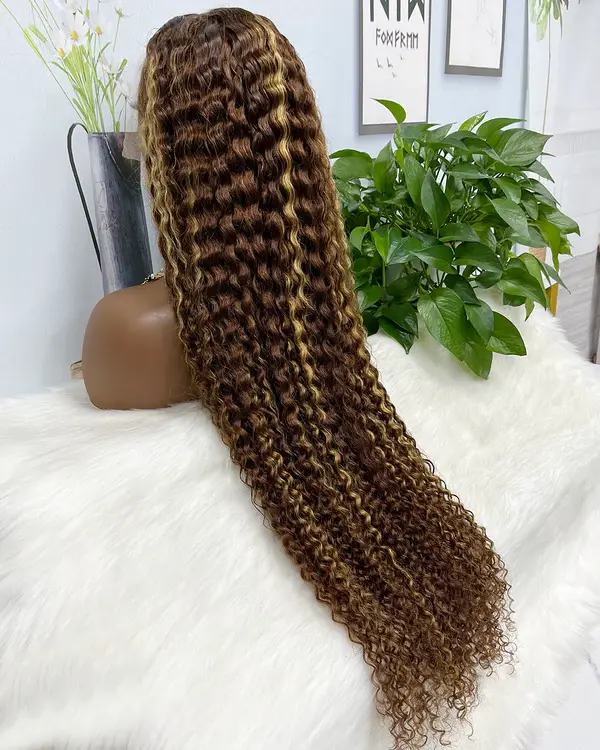 Thumbnail: 36" 13x4 Lace Wig Water Wave Curly Human Hair Wigs Piano Color P4/27 500% Densit