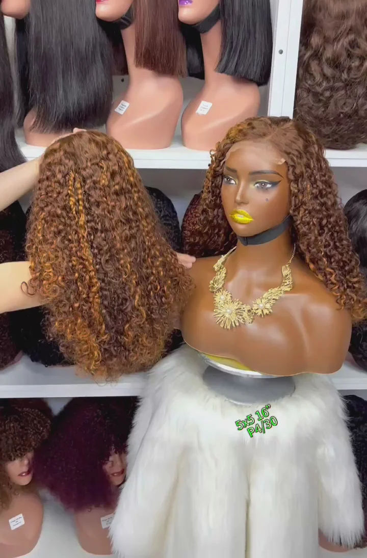 Thumbnail: 16" Double Drawn 5x5 Glueless Wig Pixie Curl Natural Human Hair Lace Wigs Ombre 
