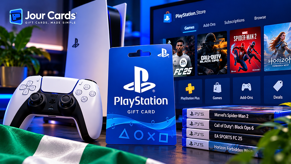 PlayStation gift card with PS5 console and controller for gamers in Nigeria
Copy
