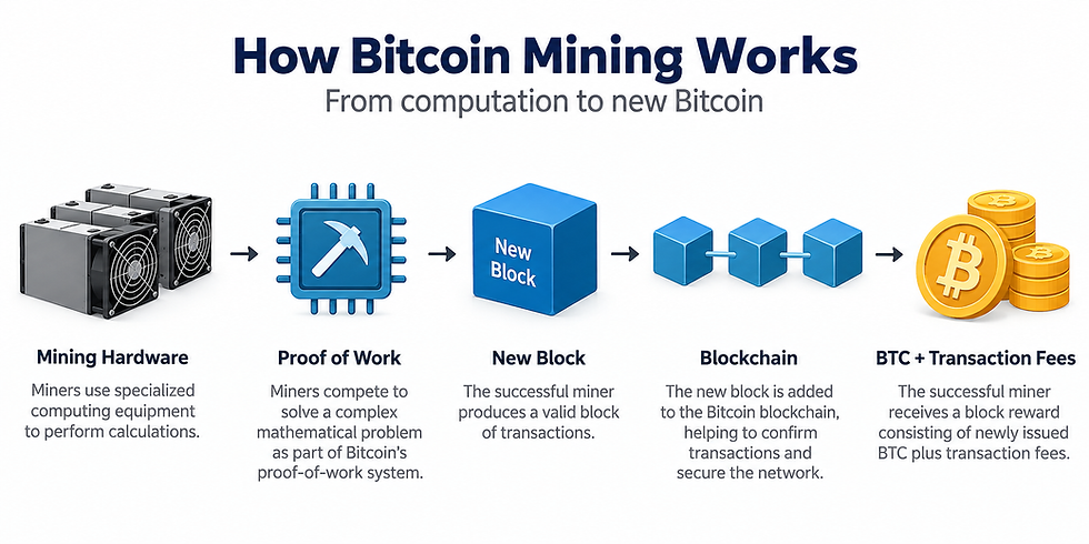 How Bitcoin mining works using proof of work to add new blocks to the blockchain