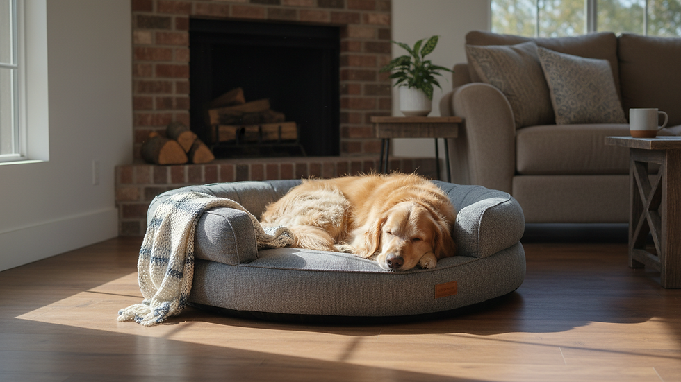 Eye-level view of a cozy orthopedic dog bed in a living room