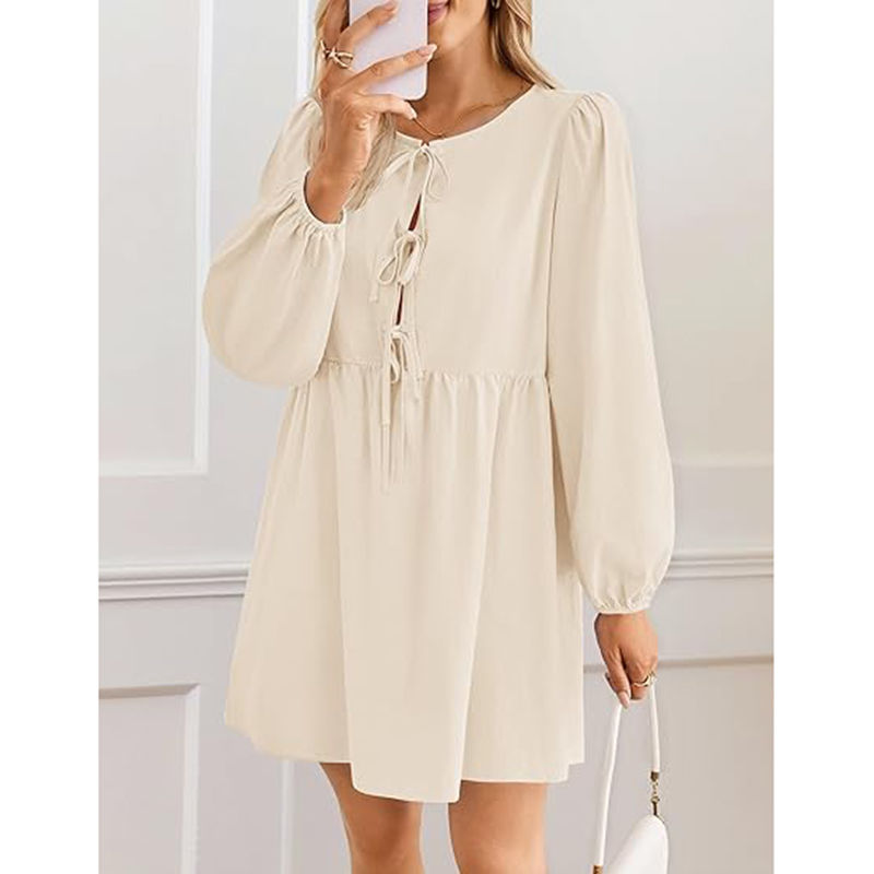 Thumbnail: Women's Dress Fall Long Puff Sleeve Self Tie Front Babydoll A Line Dresses