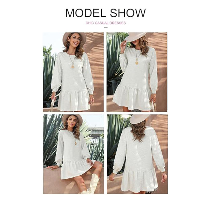 Thumbnail: Womens Long Sleeve Pullover Tops Crewneck Rib Knit Patchwork Sweatshirt Dress
