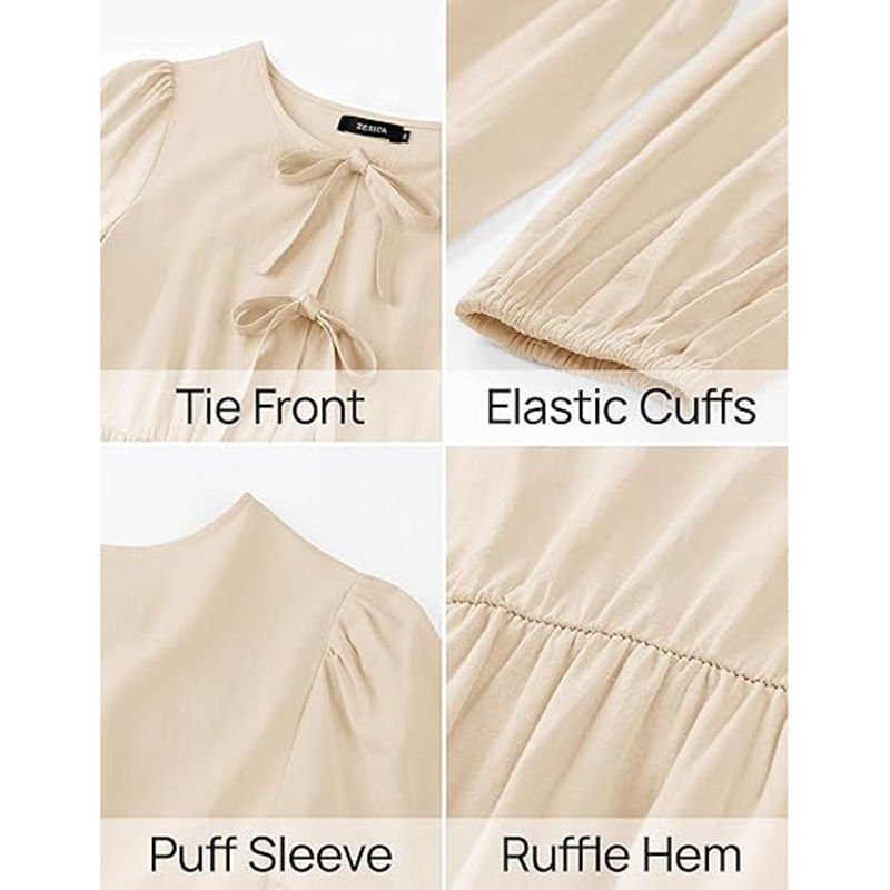 Thumbnail: Women's Dress Fall Long Puff Sleeve Self Tie Front Babydoll A Line Dresses