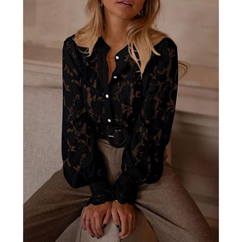 Thumbnail: Women's Dressy Casual Lace Blouse Long Sleeve Button Up Shirts Tops