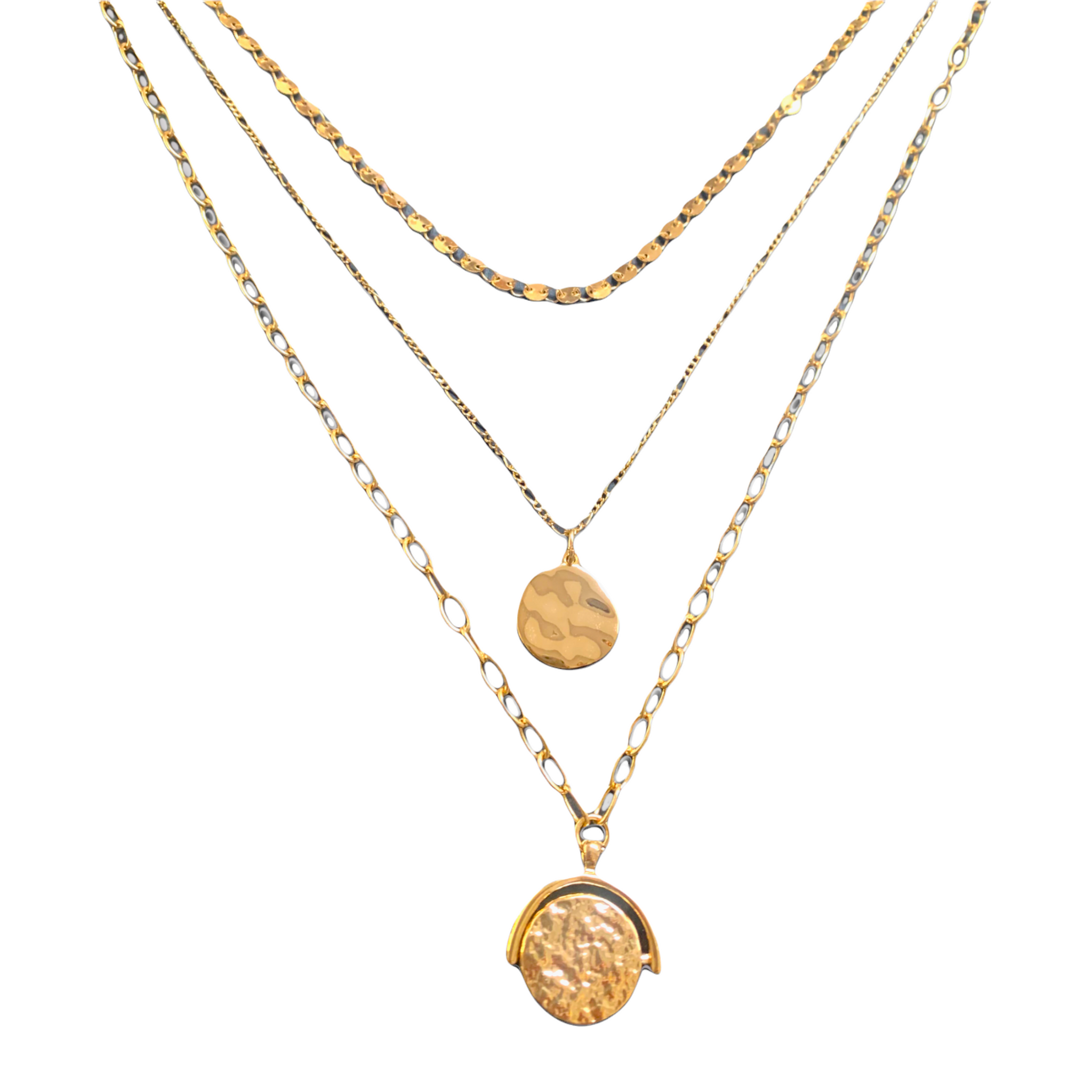Multi Layer Necklace with Hammered Disk Drop
